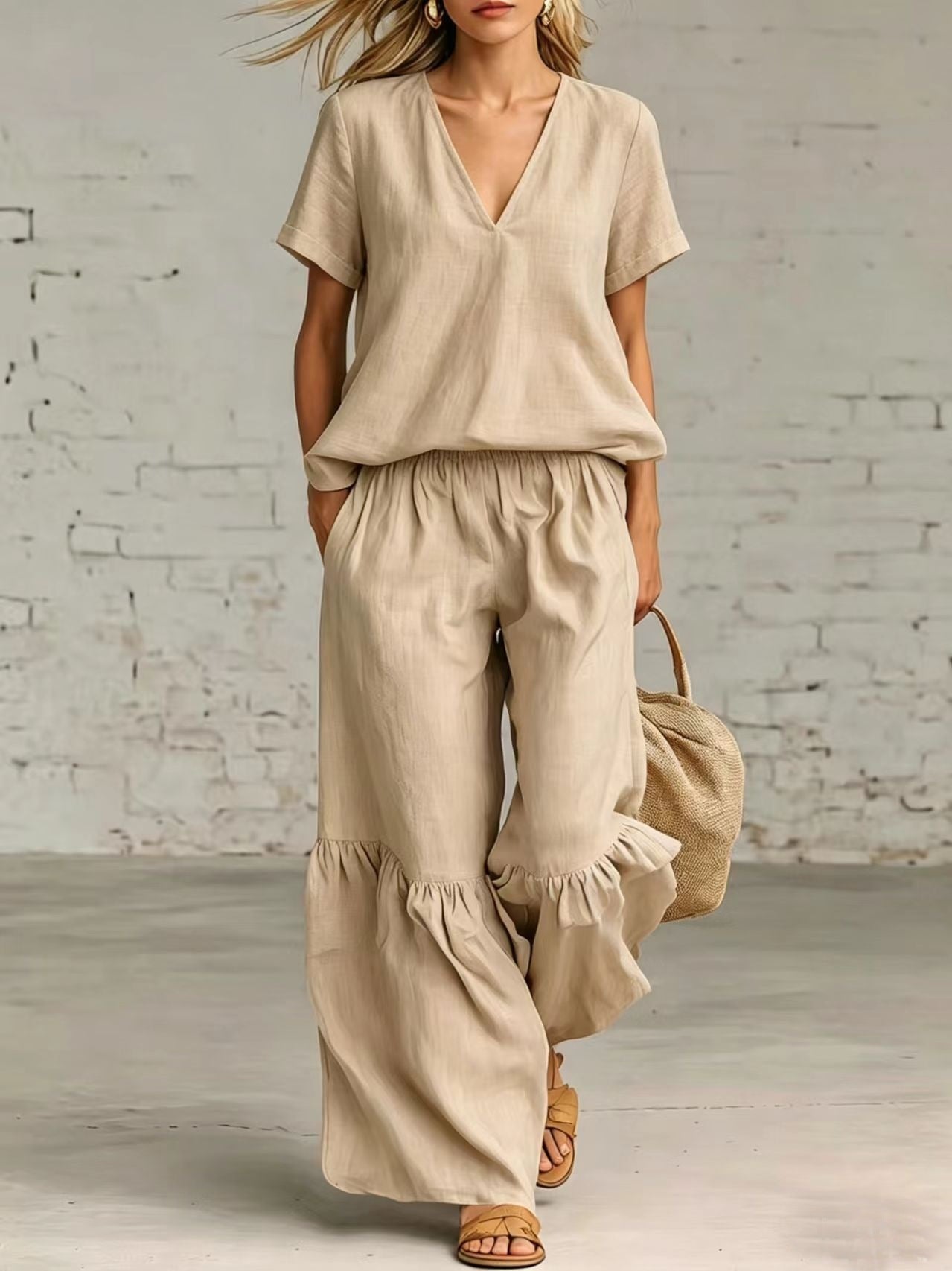 Womens Casual Solid Color V-Neck Loose Short-Sleeve Pants Set 