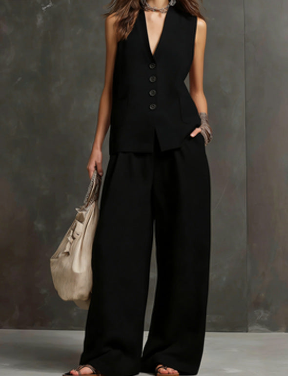 Women's Linen 2-Piece Outfit, Sleeveless Vest & Wide Leg Pants Set 