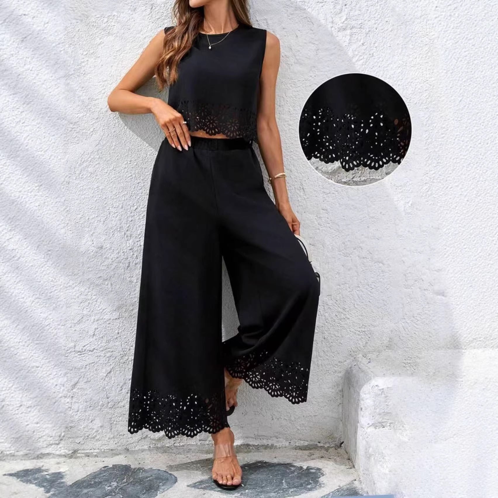 Fashionable Resort-Style Casual Hollow-Out Tank Top And Pants Two-Piece Set 
