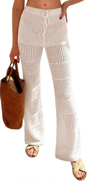 Saodimallsu Womens Beach Cover Up Pants Boho Crochet Knit High Waist Drawstring Sheer Hollow Swim Pant Swimwear CJ US