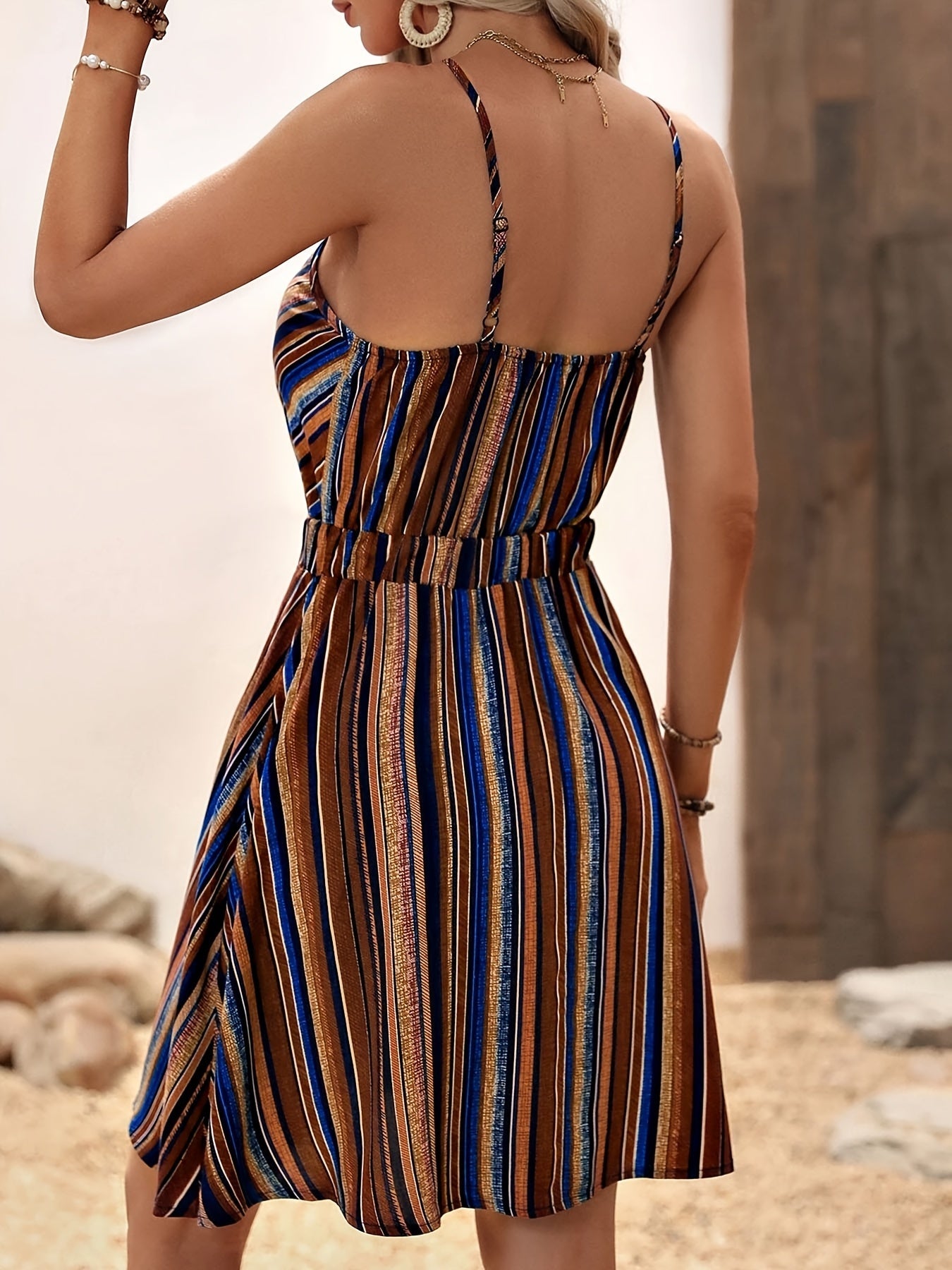 Women's Summer Sexy Deep V-Neck Striped Printed Slip Dress, Sleeveless Short Dress For Women's Vacation And Party CJ US