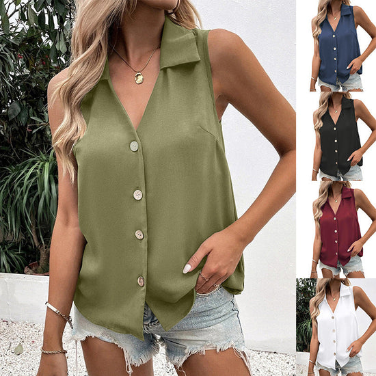 Women's Solid-Color Sleeveless Loose Vest Top – Button Detail 