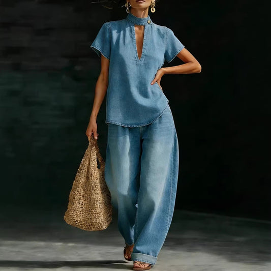 Solid-color Short-sleeve Casual Loose-fit Faux Denim Two-piece Set 