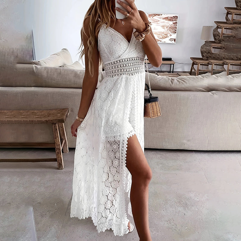 Women's Summer Elegant Lace Jumpsuit - V-Neck Sleeveless Romper With Intricate Detailing CJ US