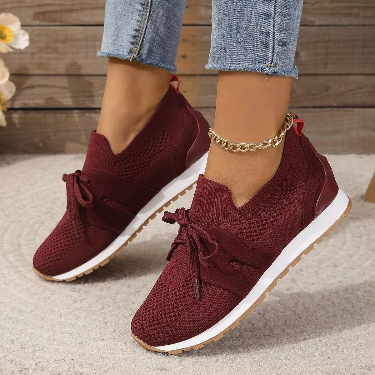 New Lace Up Mesh Flats Shoes For Women Breathable Casual Breathable Walking Wedges Shoes CJ US