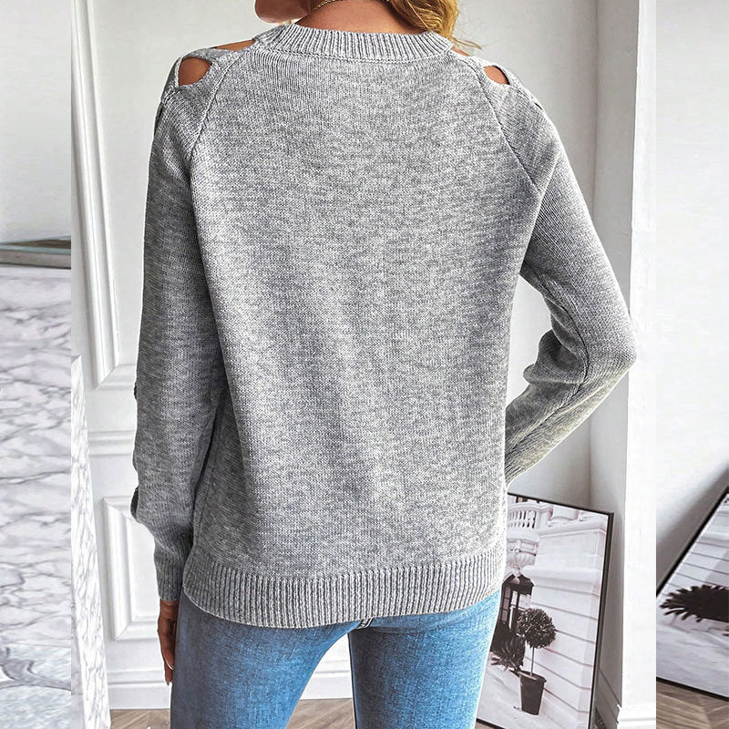 Women's Casual Long Sleeve Hollow Out Sweater, Trendy Chic Crewneck Openwork Knit Pullover Top For Fall CJ US