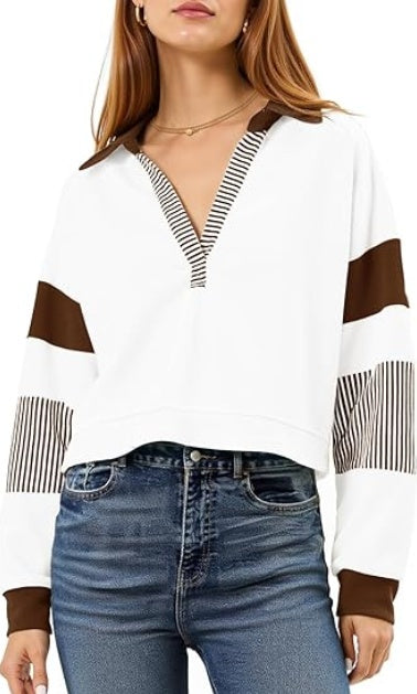 Fisoew Women's Long Sleeve Crop Tops Polo V Neck Color Block Casual Loose Pullover Cropped Sweatshirt Diversi Fashion™