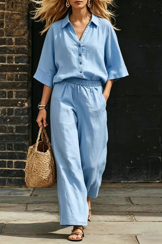 Womens Short-Sleeve Shirt And Loose Pants Two-Piece Set 