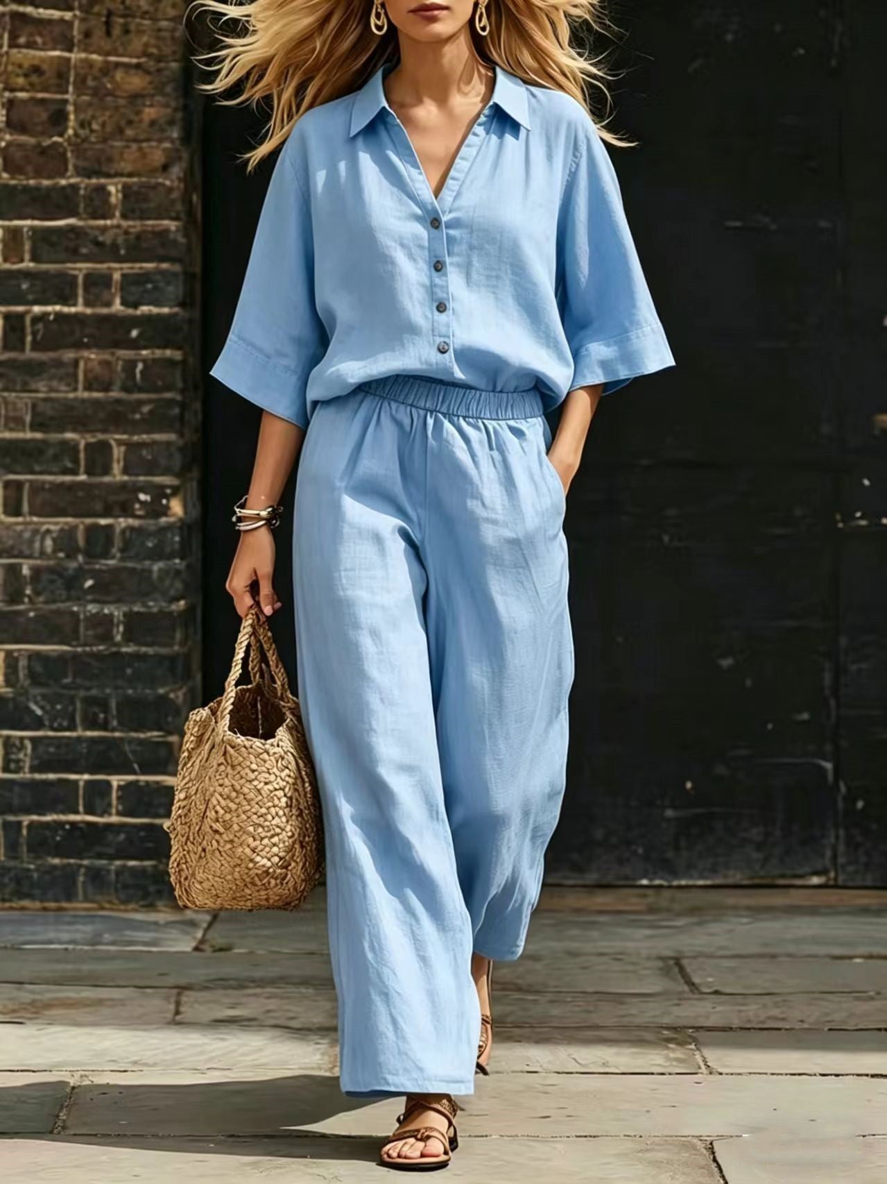Womens Short-Sleeve Shirt And Loose Pants Two-Piece Set 