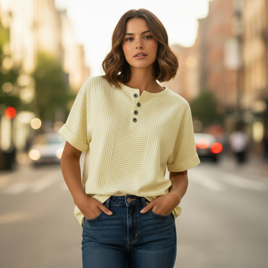 Casual Solid Color V-Neck Buttoned Striped Cotton-Linen T-Shirt 