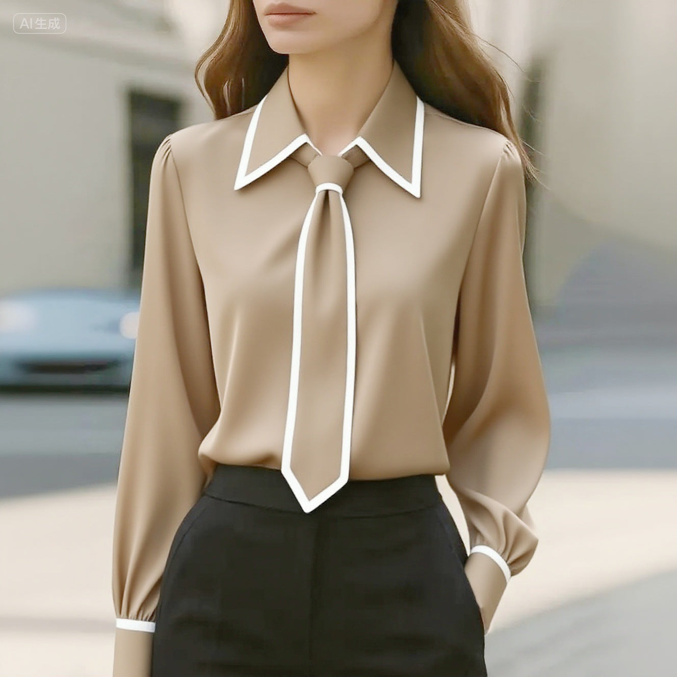Autumn Fashion Solid Color Commute Tie Design Long Sleeve Shirt Women's Clothing 