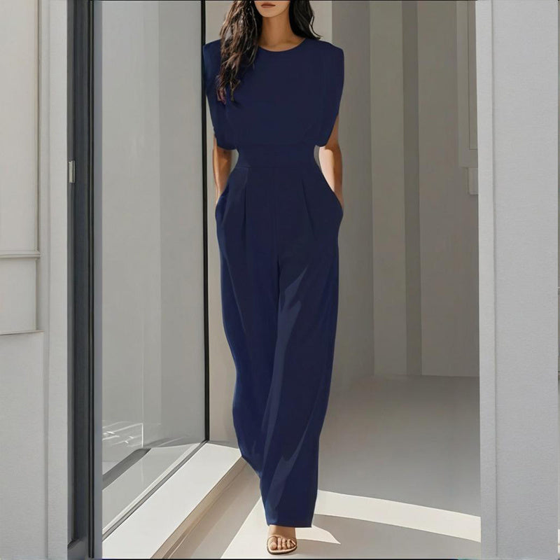 Women's Solid Color Round Neck Short Sleeve Wide-Leg Jumpsuit With Waist Design & Pockets Casual Romper For Spring&Summer CJ US