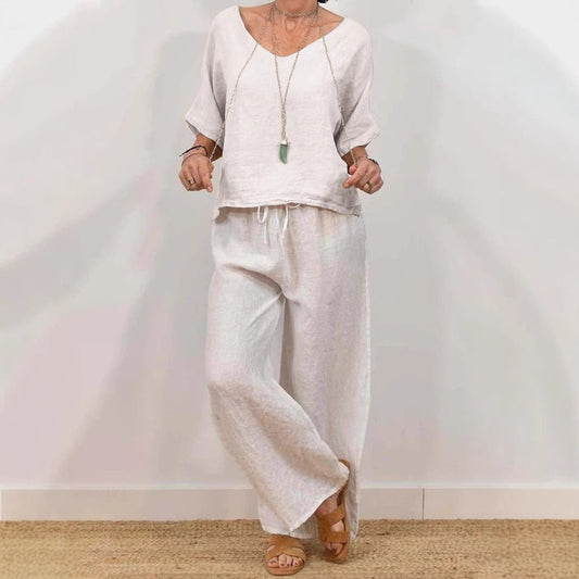 Womens Multi-Color Two-Piece Set Casual V-Neck Pullover With Three-Quarter Sleeves And Extended Pants 