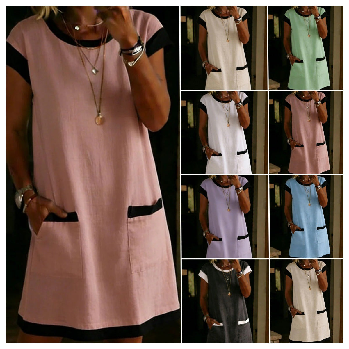 Pullover Pocket Color-Block Straight T-Shirt Mini Dress 
