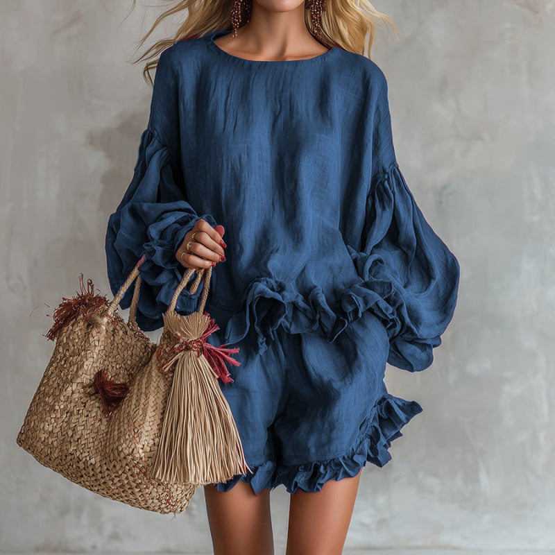 Loose-fitting Lantern-Sleeve Top And Shorts Two-Piece Set For Women 