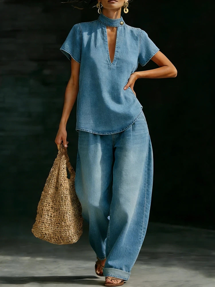 Solid-color Short-sleeve Casual Loose-fit Faux Denim Two-piece Set 