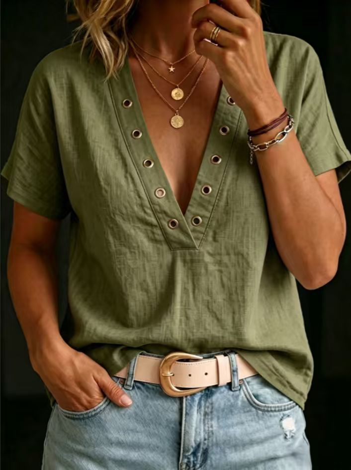 Loose-fitting Casual V-neck Short-sleeve Solid-color Womens Shirt 