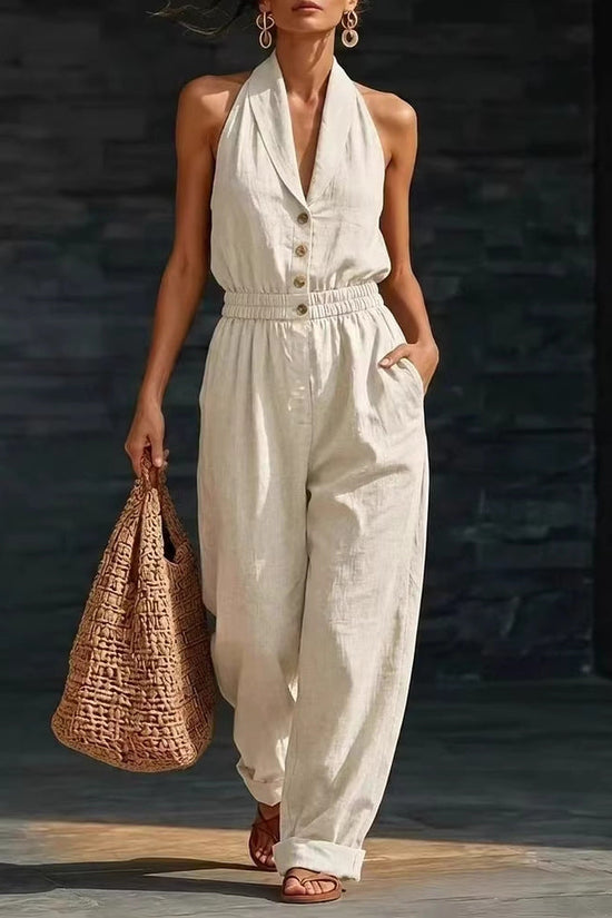 Fashionable Solid-Color Slimming V-Neck Jumpsuit 