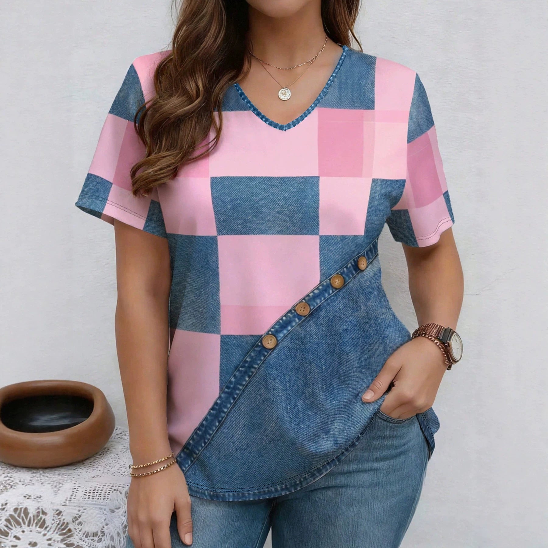 Womens Summer New V-Neck Denim Printed Short-Sleeve T-Shirt 