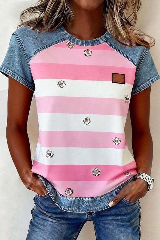 Women's Retro Denim Patchwork Short-Sleeve Shirt – Loose Fit 