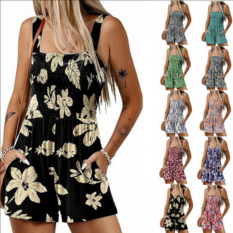 Flower Print Shorts Jumpsuit Summer Fashion Sleeveless Beach Bodysuit FitiqueFit