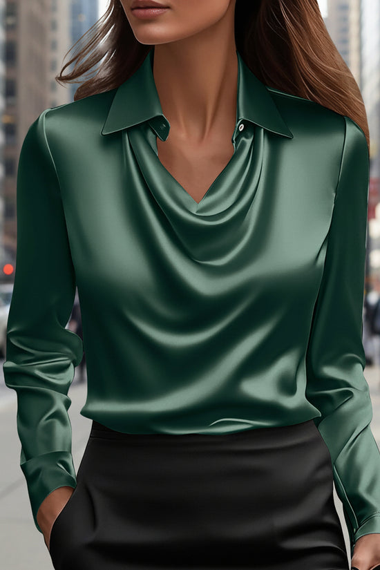 Spring And Autumn Temperament Long Sleeve Satin Swing Collar Top Shirt For Women 