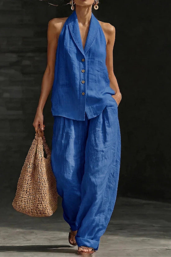 Wide-leg Pants Suit Womens Cotton-linen Fashionable Two-piece Set 