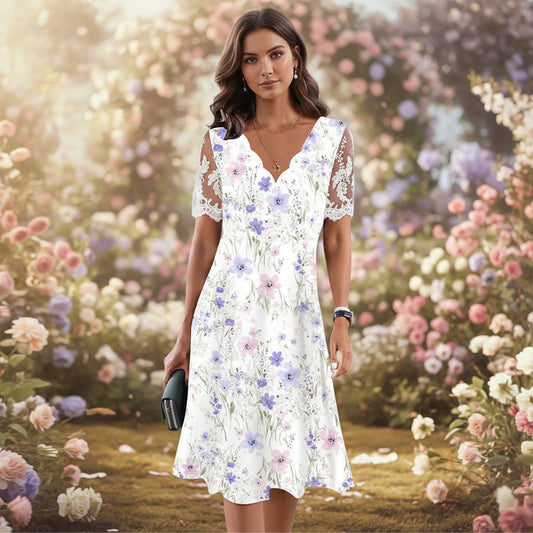 Lace Short-sleeve Floral Dress Women's Clothing 
