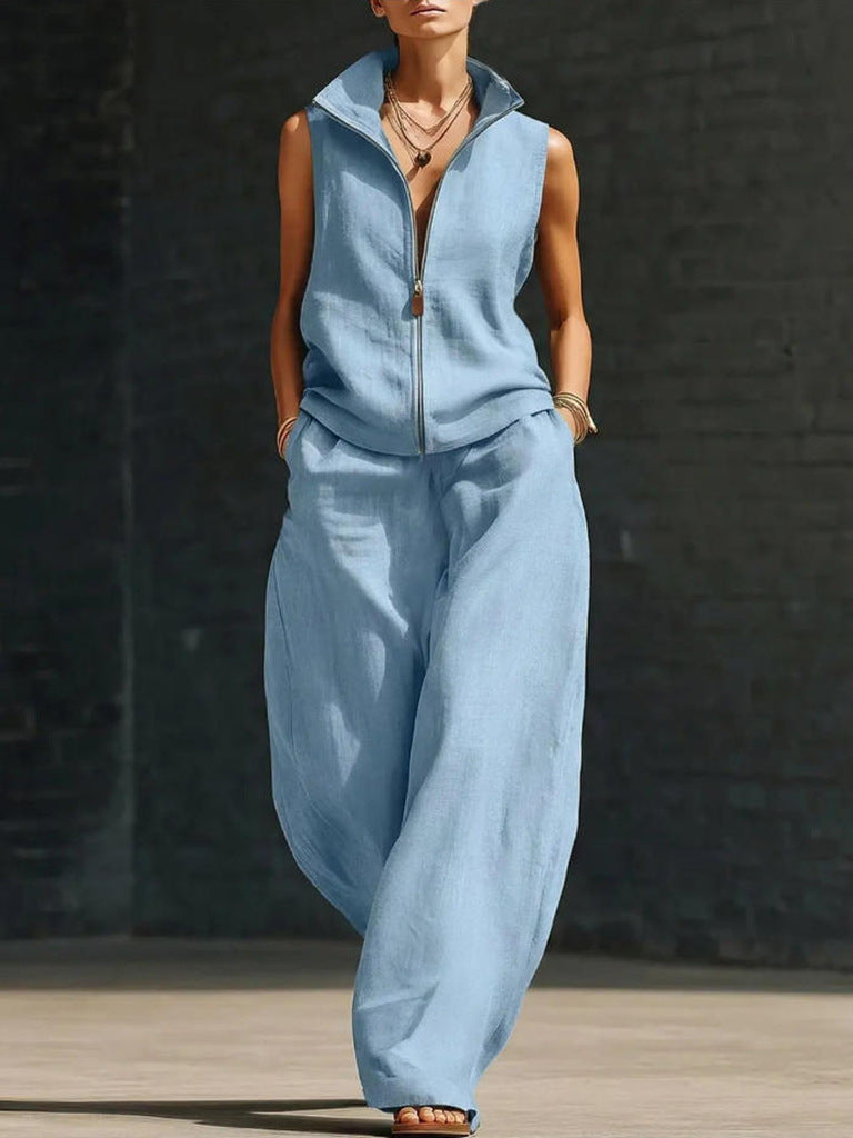 Sleeveless Stand Collar Zippered Linen Cotton Two-Piece Set 