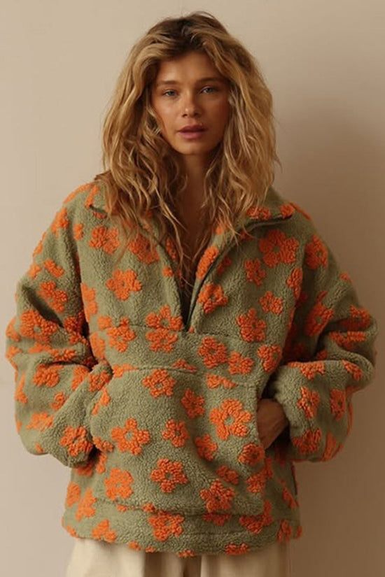 Winter Flowers Lambskin Sweatshirt With Big Pocket Casual Loose Zip-up Lapel Pullover Top Women's Clothing 