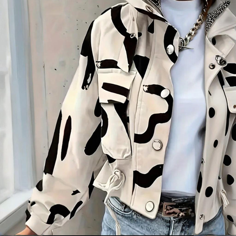 Women's Stand Collar Long Sleeve Jacket With Button & Zipper Closure - Two Large Pockets & Drawstring Hem Casual Short Jacket For Spring&Fall CJ US