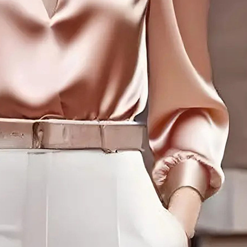 Women's Elegant V-Neck Long Sleeve Solid Color Satin Top Slim Fit Blouse For Office Party & Daily Wear 