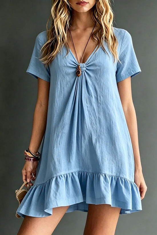 Womens Solid-Color V-Neck Short-Sleeve Casual Dress 
