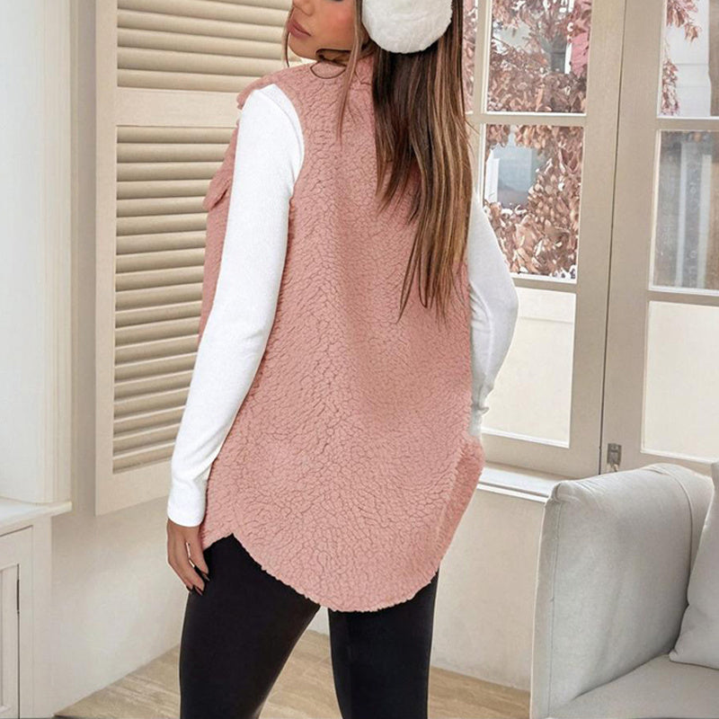 Women's Wool-Like Sleeveless Vest With Lapel, Solid Color Mid-Length Button Up Waistcoat For Layering, Casual & Formal Outfits CJ US
