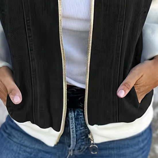 Women's Denim Patchwork Zip-Up Jacket Stand Collar Casual Coat With Button-Decorated Flap Pockets Fall Winter Fashion Outerwear CJ US