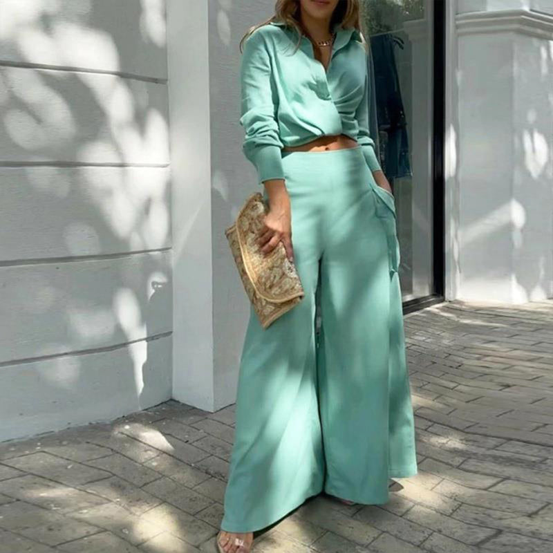 Women's Plus Size Elegant Pant Set - Crisscross Detail Top & Wide Leg Pants With Pockets Office & Casual Outfit CJ US