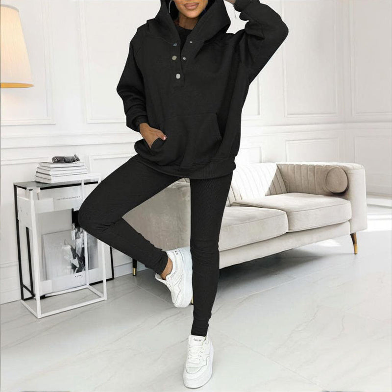 Women's Solid Color 3-Piece Set Sleeveless Vest & Hooded Button Placket Long Sleeve Sweatshirt & Slim Fit Pants Sporty Casual Outfit CJ US