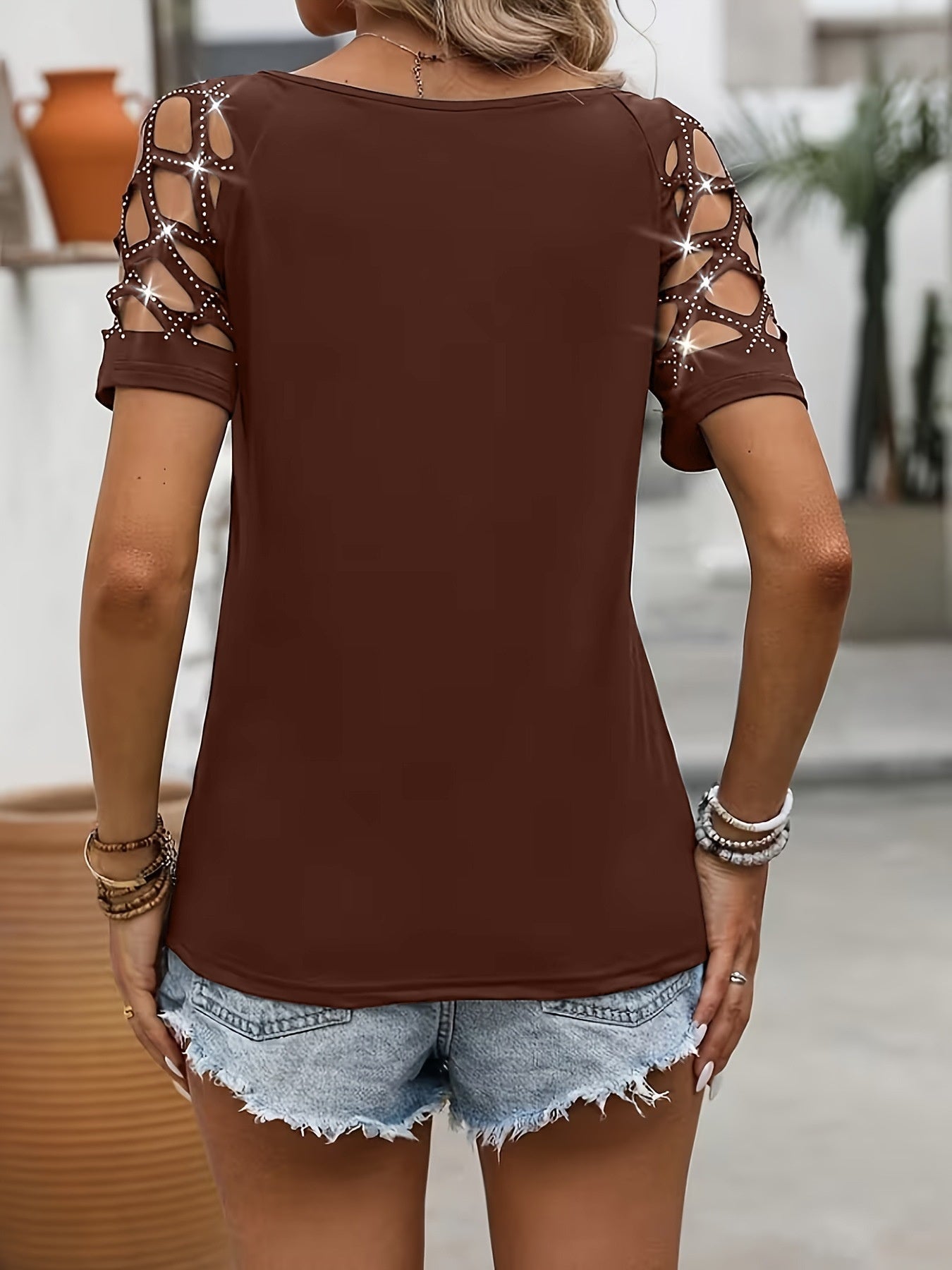 Womens Chain Hollow-out Hot-studded Short-sleeve Top 