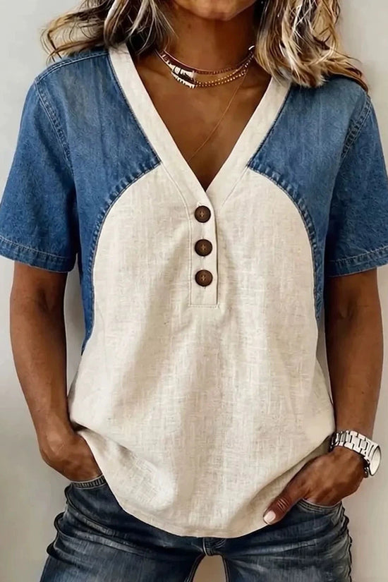 Fashionable Trendy Womens Loose Denim Patchwork T-Shirt 