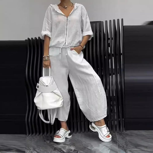 Cotton And Linen Womens Casual Fashion Long-Sleeve Top And Pants Two-Piece Set 