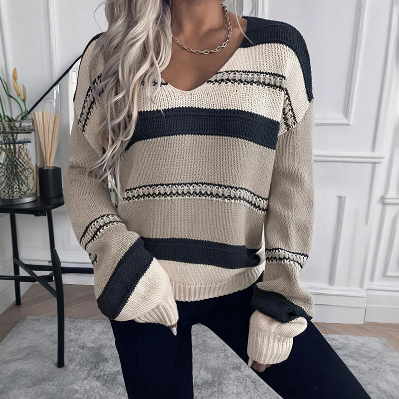 Women's French Vintage Striped Sweater, V-Neck Long Sleeve Stretch Knit Top For Fall Winter Layering 