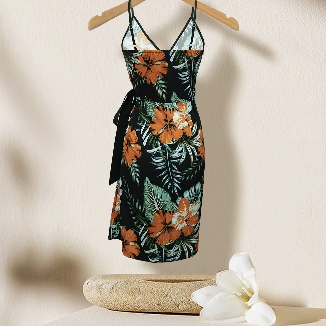 Women's V-neck Lace Up Plant Print Off Shoulder Versatile Dress CJ