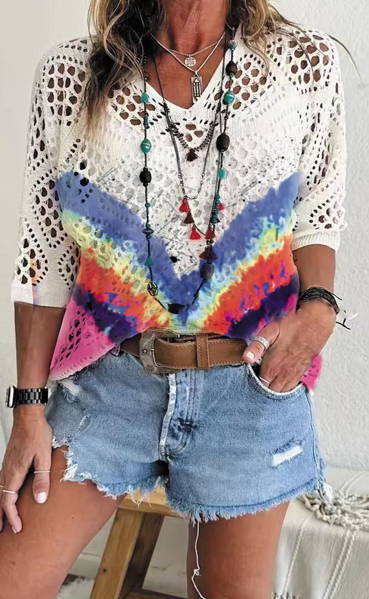 Womens Hollowed-Out Batwing-Sleeve Sweater With 3D Knitted Print 