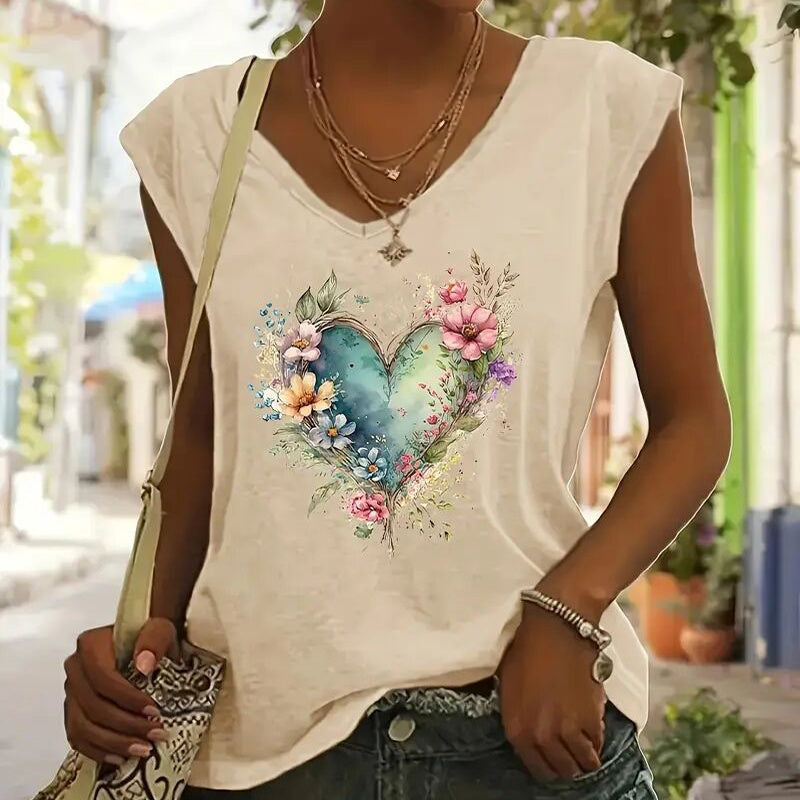 Women's V-Neck Short Sleeve T-Shirt Floral Heart Print Summer Casual Top CJ US