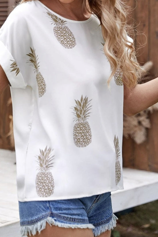 Women's Round Neck Pineapple Print Roll Sleeve Top CJ US