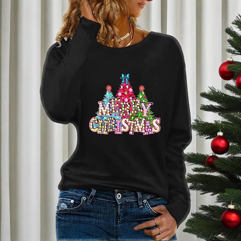 Women's Long Sleeve Merry Christmas T-Shirt, Cute Christmas Tree Graphic Tee, Funny Holiday Party Top CJ US