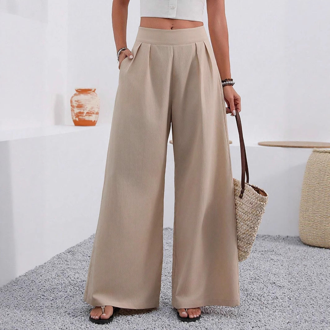 Pocketed High-waisted Fashionable Versatile Wide-leg Trousers Long Pants 