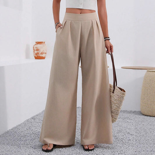 Pocketed High-waisted Fashionable Versatile Wide-leg Trousers Long Pants 