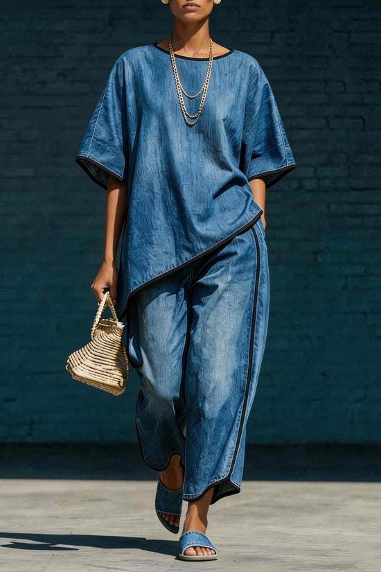 Elegant Casual Denim-Style Loose Wide-Leg Pants Two-Piece Set 