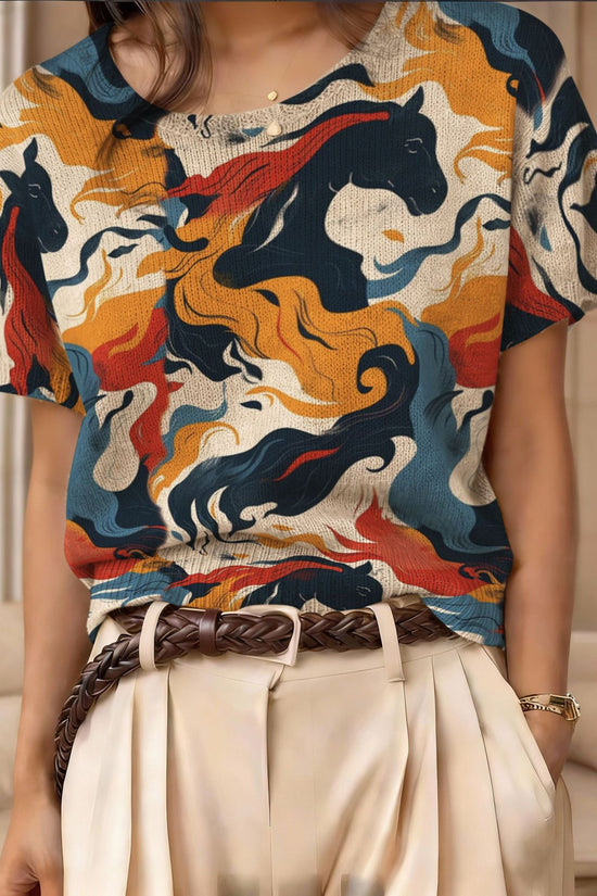 Retro Short-Sleeve Sweater Contrast-Color Jacquard Knit Top 